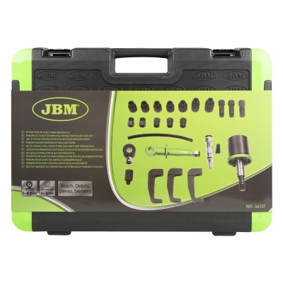 Estojo rígido verde e preto com conjunto de ferramentas JBM para manutenção automóvel.