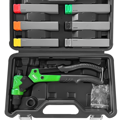 Conjunto de ferramentas para remoção de rivetes com alicate verde e preto e peças coloridas em estojo preto