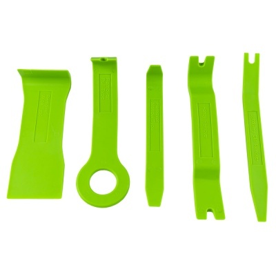 Conjunto de cinco ferramentas verdes de plástico para abrir objetos