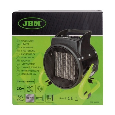 Aquecedor eléctrico portátil JBM preto com suporte verde na embalagem