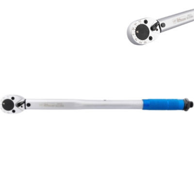 Chave de torque metálica com punho azul e mostrador ajustável.