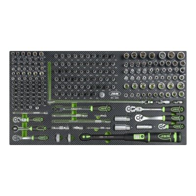 Conjunto de ferramentas preto e verde com diversas peças organizadas numa base texturizada cinzenta.