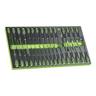 Conjunto de 30 chaves de fendas e Phillips com cabos pretos e verdes em bandeja organizada