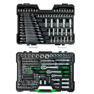 Conjunto completo de ferramentas em estojo preto com detalhes verdes.