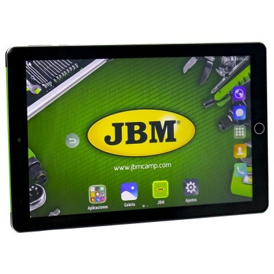 Tablet preto com ecrã a mostrar aplicação JBM com fundo verde e ferramentas