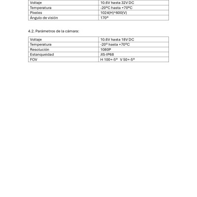 Documento técnico com tabelas de parâmetros eléctricos em espanhol e português