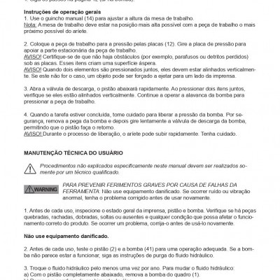 Página de manual de instruções para equipamento hidráulico em português