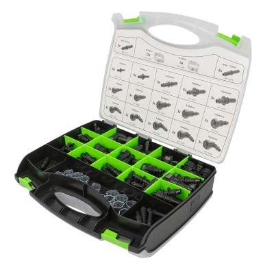 Estojo plástico preto com parafusos e buchas pretas de vários tipos