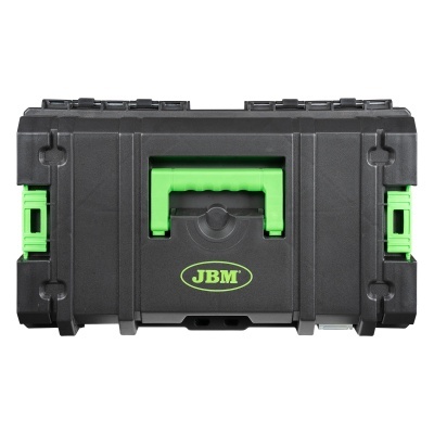Caixa de ferramentas preta com pegas verdes e logotipo JBM