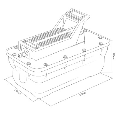 Desenho técnico de equipamento retangular com alavanca e parafusos, com medidas indicadas