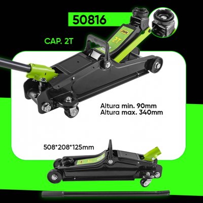 Macaco hidráulico metálico preto e verde com capacidade 2 toneladas e alavanca