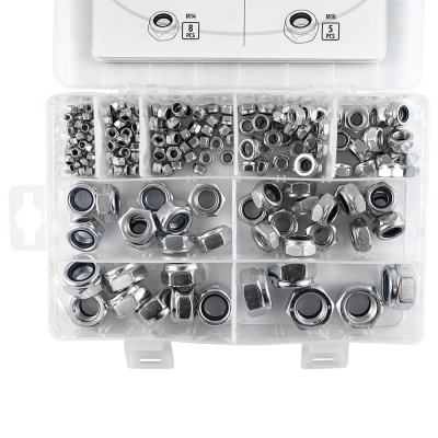 Caixa de porcas metálicas com anel plástico preto, embalagem branca com texto