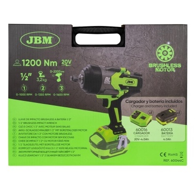 Caixa de embalagem preta e verde de chave de impacto JBM 1200 Nm 20V com motor brushless