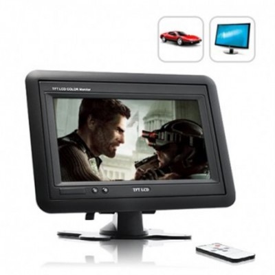 Monitor TFT LCD preto com comando remoto branco e imagem de pessoas a confrontar-se na tela.