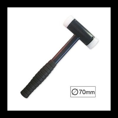 Martelo de borracha preto com faces brancas e pega preta com ranhuras