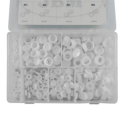 Caixa de anilhas brancas de vários tamanhos organizadas em divisórias num estojo de plástico transparente