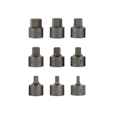 Conjunto de nove soquetes em metal cinza escuro com números e letras gravados.