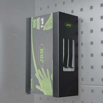 caixa preta de luvas descartáveis JBM com texto verde e imagens de luvas