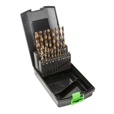 Conjunto de brocas de metal em caixa preta com fecho verde