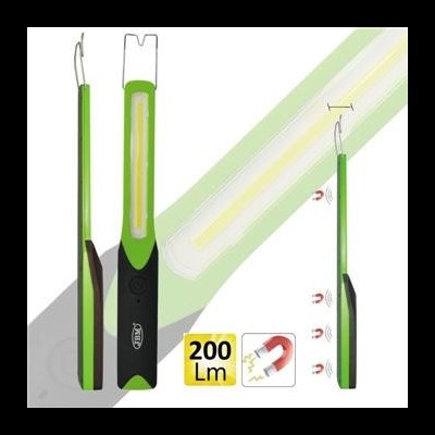 Luz portátil verde e preta com gancho e indicador luminoso