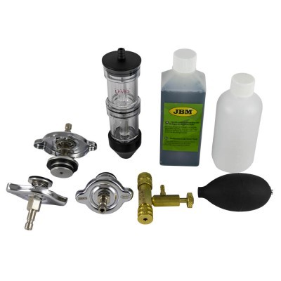 Conjunto de ferramentas automóveis com frascos, válvulas, bombas e instrumento graduado