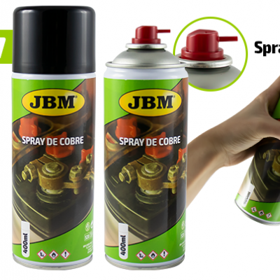 Frasco de spray de cobre JBM com tampa preta e rótulo verde, com instruções de uso em fundo branco