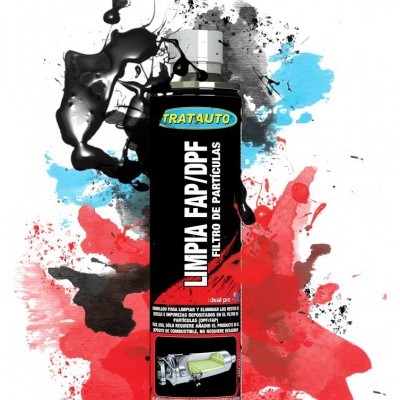 Frasco spray TRATAUTO LIMPIA FAP/DPF com fundo colorido artístico