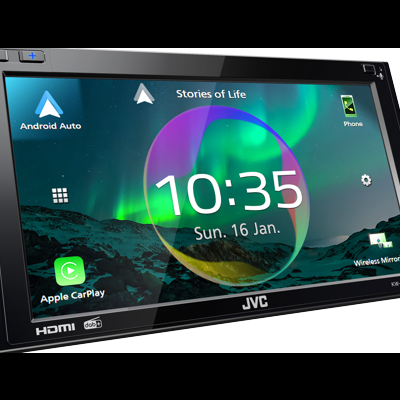 Ecrã digital JVC para automóveis com interface táctil e ícones coloridos
