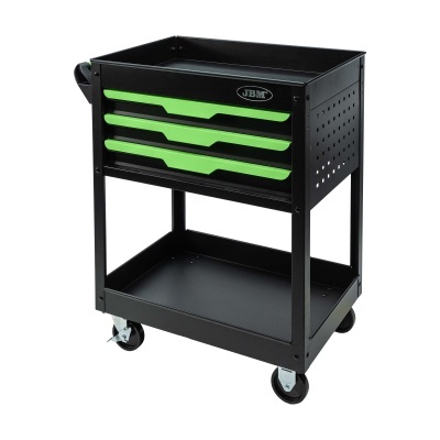 Carrinho de ferramentas metálico preto com gavetas verdes e rodas