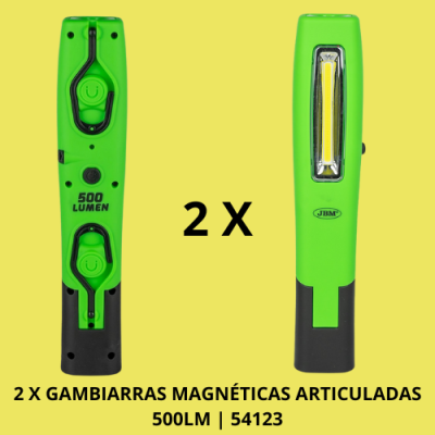 Duas lanternas verdes magnéticas articuladas com texto e logo sobre fundo amarelo