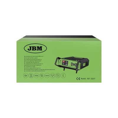 Embalagem verde e preta de carregador inteligente de baterias 12V da marca JBM com texto multilingue e imagem do produto