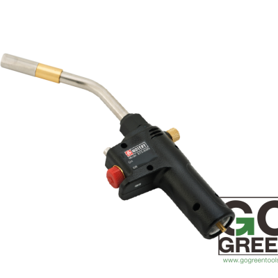 Maçarico preto com ponta metálica prateada e botões coloridos, sobre fundo branco com logótipo Go Green