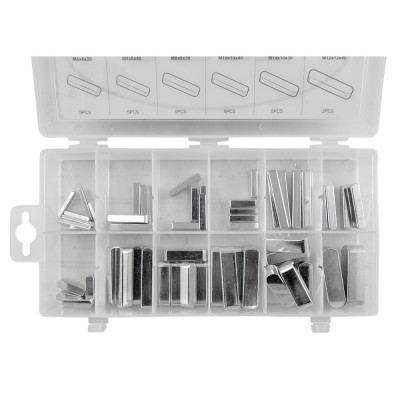 Caixa plástica transparente com pinos metálicos cilíndricos organizados por tamanho