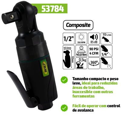 Ferramenta pneumática preta com detalhes em verde e amarelo e especificações técnicas