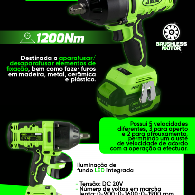 Chave de impacto elétrica verde e preta com bateria 20V JBM