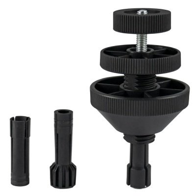 ferramenta preta desmontada com peças plásticas e rosca metálica