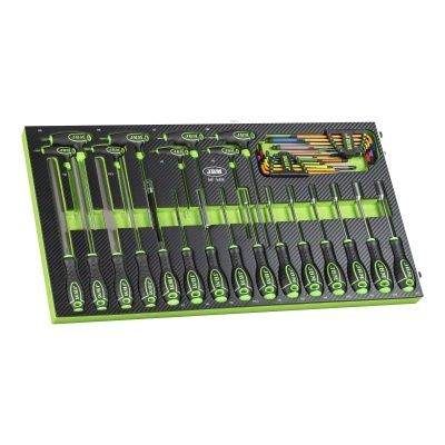 Conjunto de chaves de fendas de precisão pretas e verdes organizadas num painel