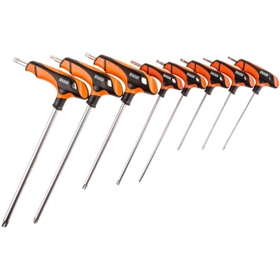 Conjunto de chaves de fendas T em vários tamanhos com cabos pretos e laranja.