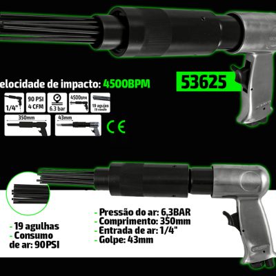 Ferramenta pneumática prateada e preta com 19 agulhas