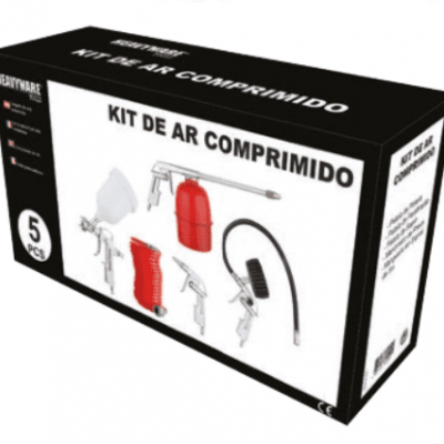 Caixa preta de kit de ar comprimido com 5 peças e texto em português.