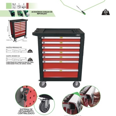 Carro de ferramentas 7 gavetas vermelho e preto JBM