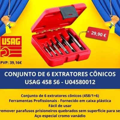 Conjunto de 6 extratores cónicos USAG com caixa vermelha em fundo amarelo e cortinas azuis