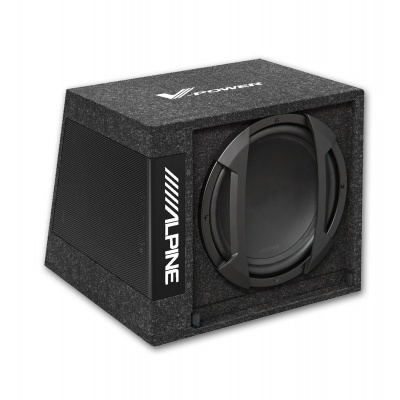Subwoofer Alpine em caixa preta com logos brancos