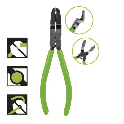 Alicate com pegas verdes e metálicas com detalhes em círculos e ícones ao lado