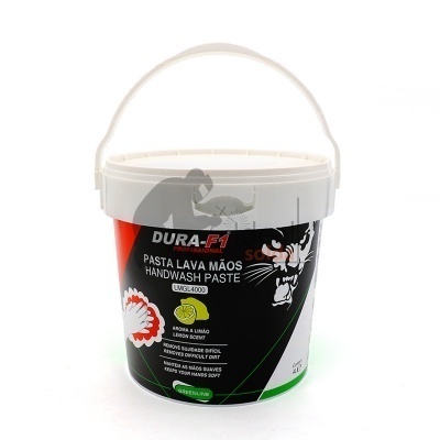 Embalagem de pasta lava mãos DURA-F1 com rótulo colorido e alça branca