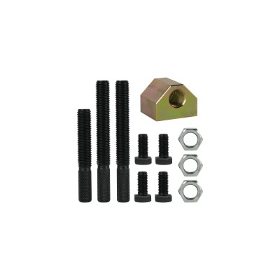 Conjunto de parafusos e porcas metálicos com peça triangular
