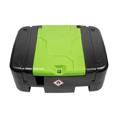 Caixa de armazenamento preta com tampa verde e símbolo de material inflamável