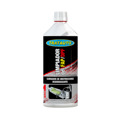Frasco plástico branco com rótulo preto do produto TRATAUTO LIMPIADOR del FAP DPF