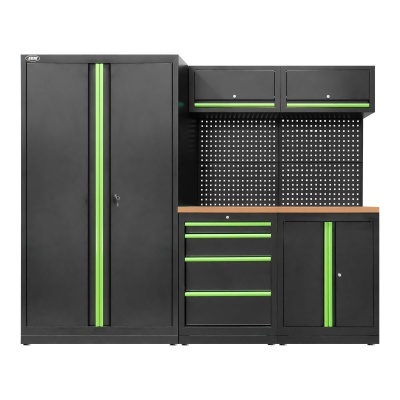 Conjunto de móveis de oficina preto com puxadores verdes e tampo em madeira clara