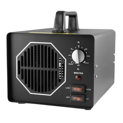 Purificador de ar preto quadrado com controles frontais e pega no topo